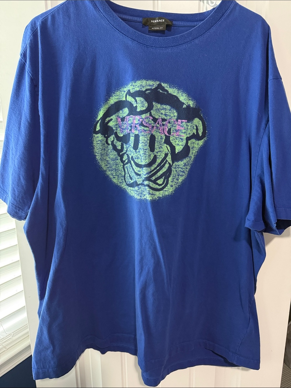 Versace Blue Crewneck Graphic Tee with Green Accent